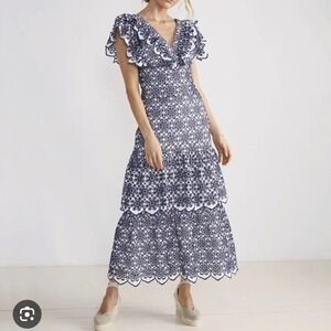 Vineyard Vines Kentucky Derby Navy White Eyelet Lace Ruffle Tiered Dress Sz 2